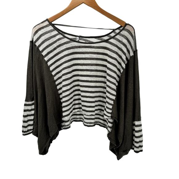 Pete & Greta Blouse Womens Large Boho Cropped Linen Slouchy Stripe Pullover Top - Picture 1 of 6